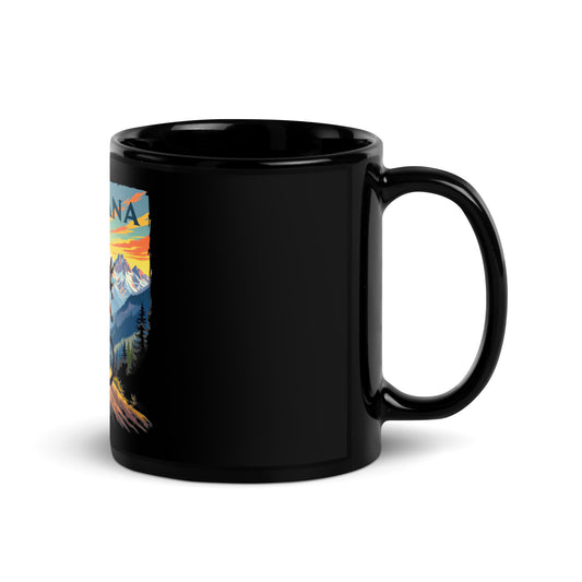 Black mug with a colorful design on a white background
