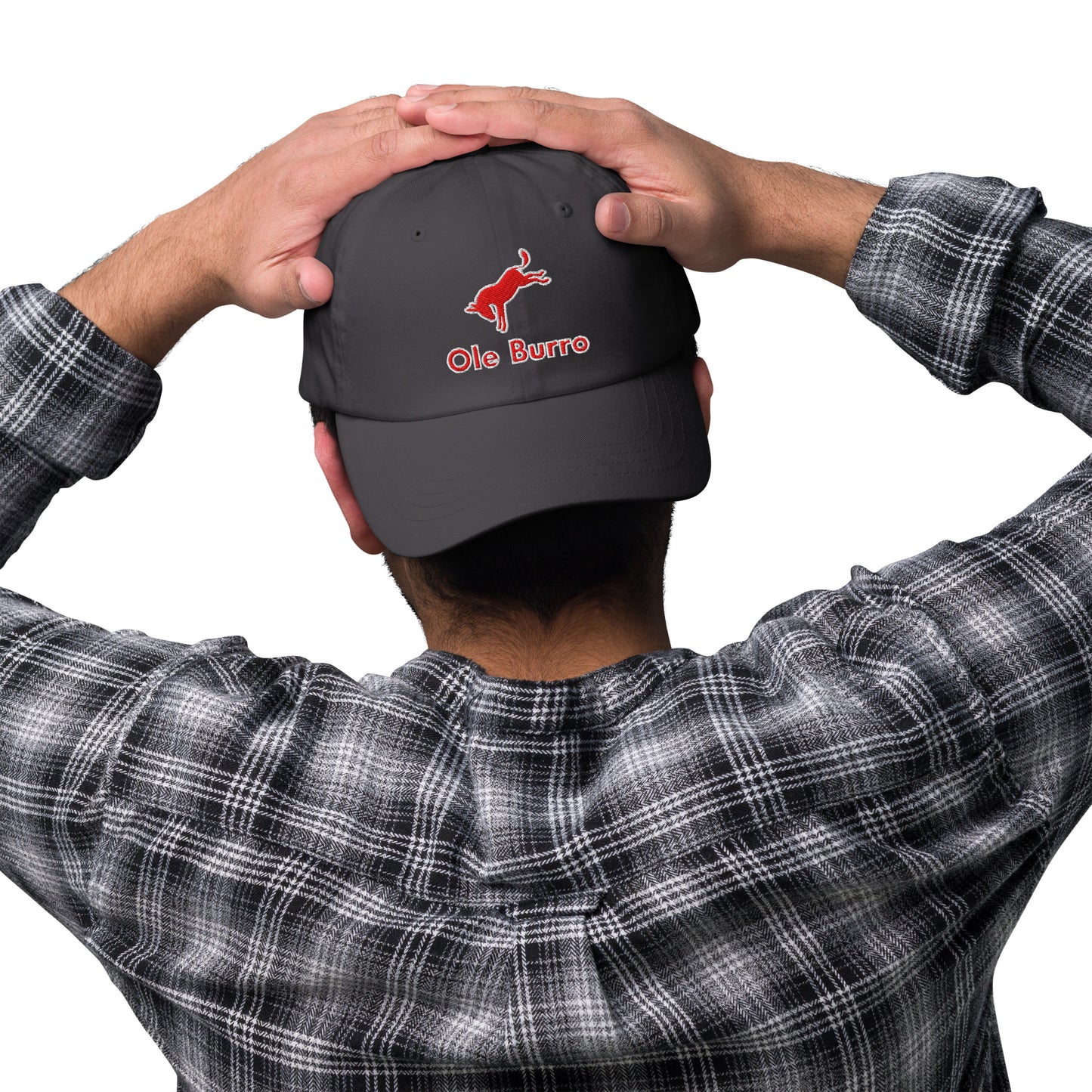 Person wearing a dark gray cap with 'Ole Bator' logo, holding it on their head against a white background