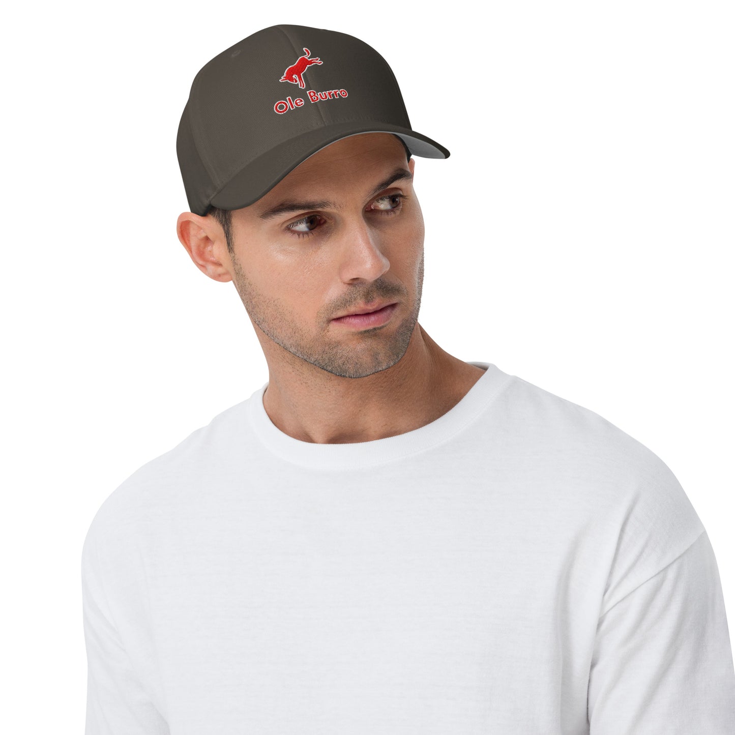 Man wearing a gray cap with a logo on a white background
