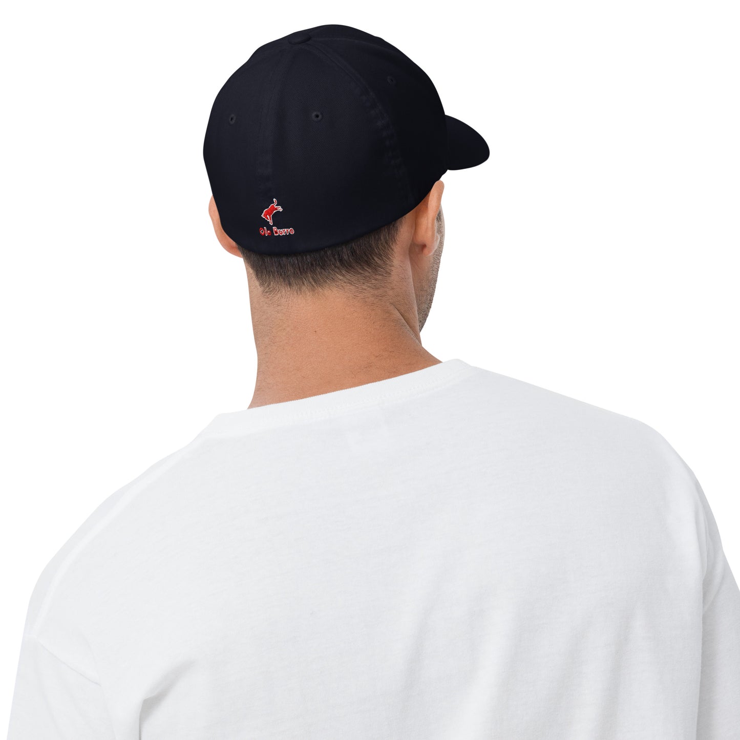 Person wearing a black cap with a logo on the back, white shirt visible