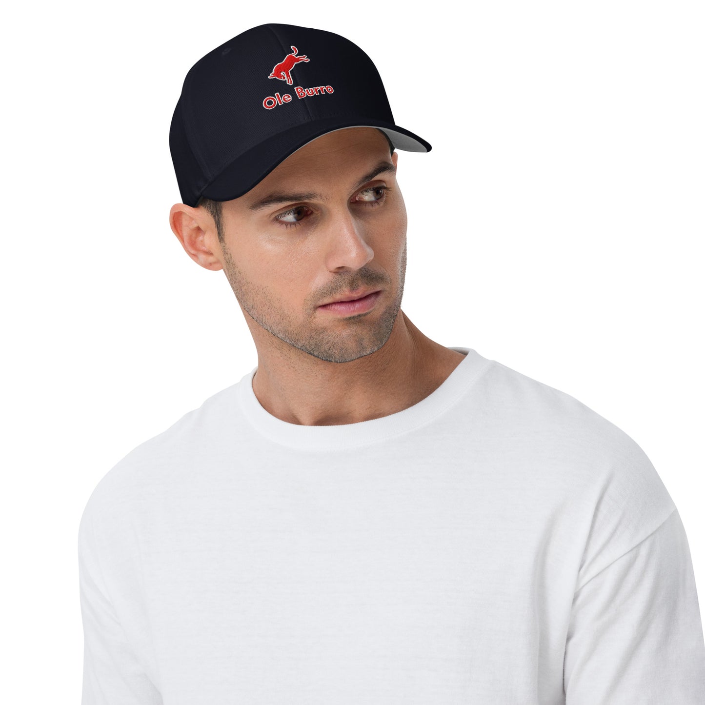 Man wearing a black cap with 'Ole Born' logo on a white background
