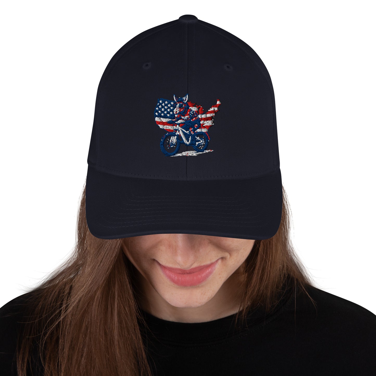 Black cap with a design of a flag and bicycle on a white background