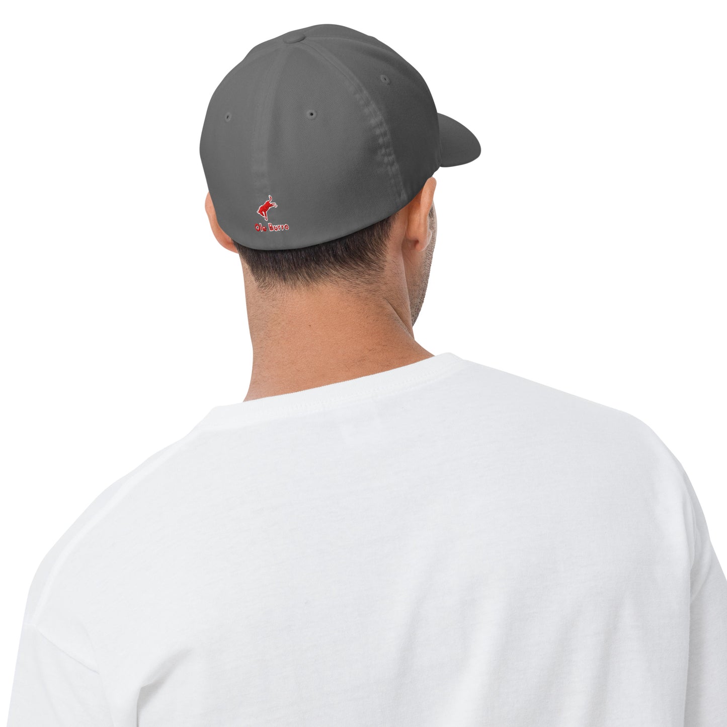 Person wearing a gray cap with a logo on a white background