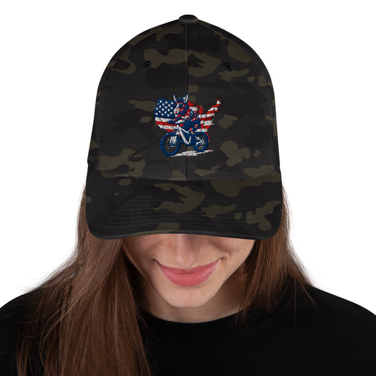 Camouflage cap with a graphic design on a white background