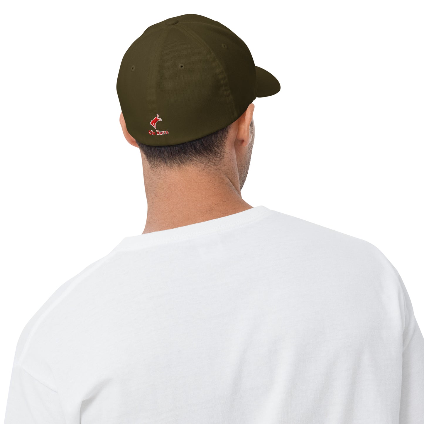 Person wearing a green cap with a logo on a white background