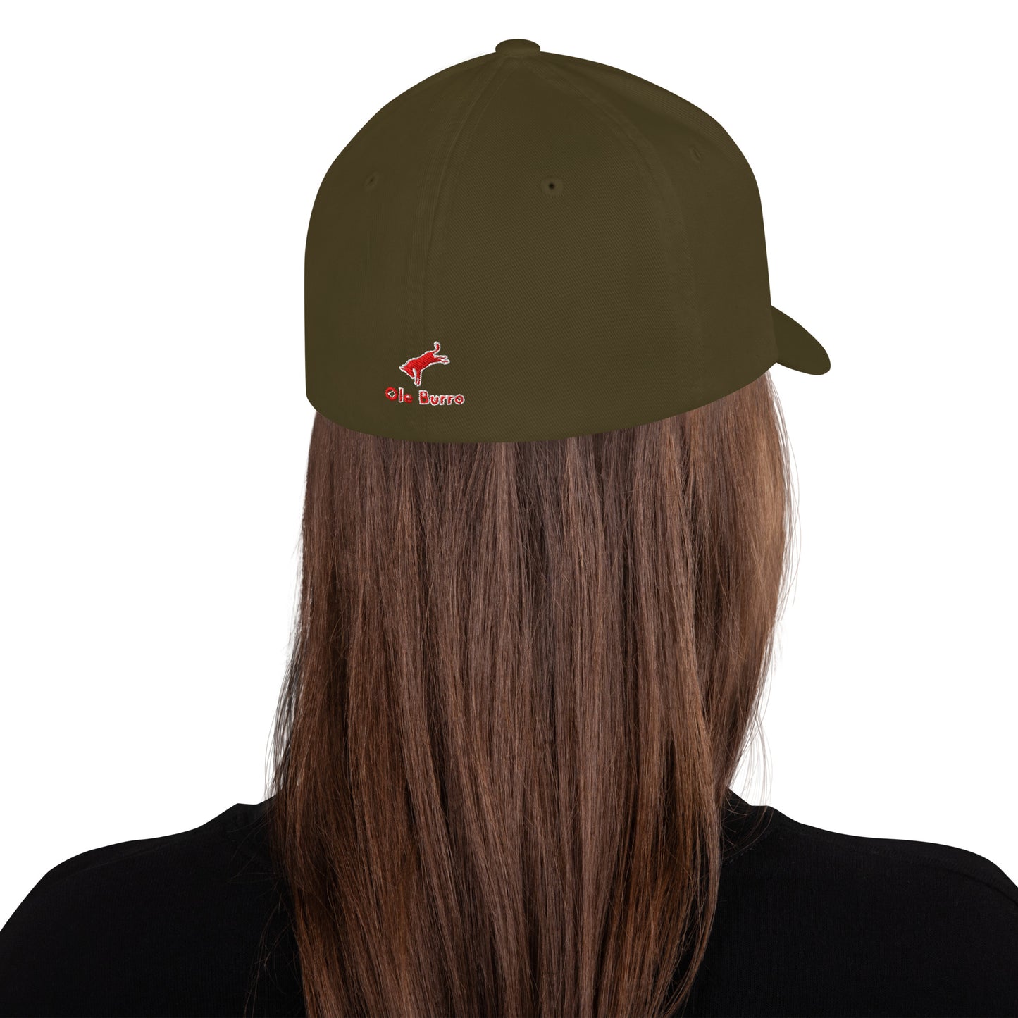Person wearing a dark green cap with a logo on a white background