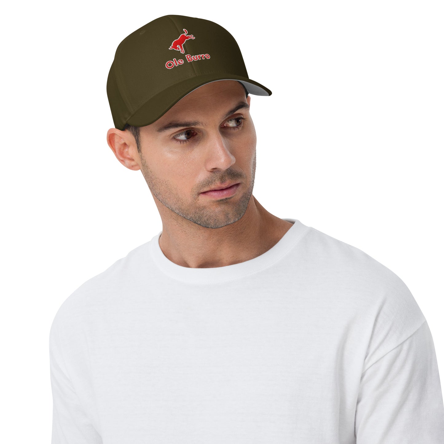 Man wearing a green cap with a logo and text on a white background