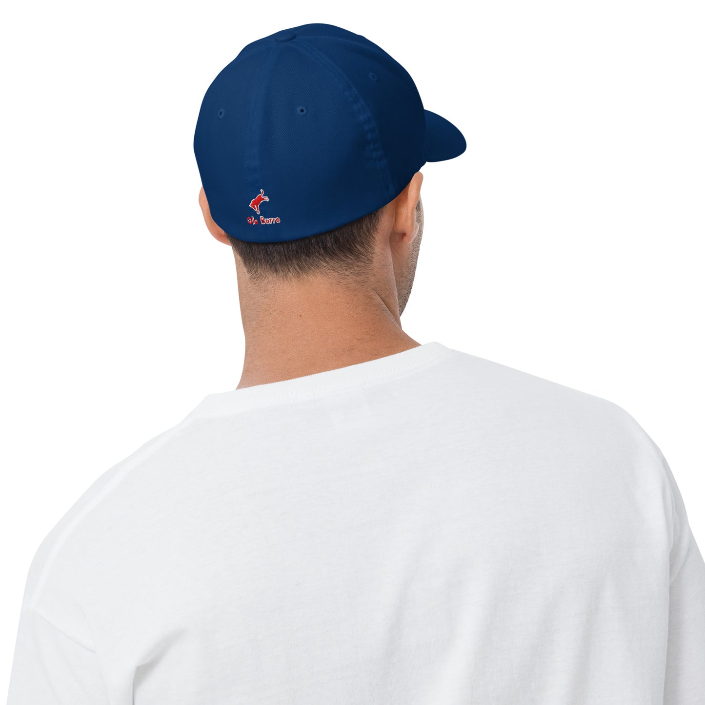 Person wearing a blue cap with a logo on a white background