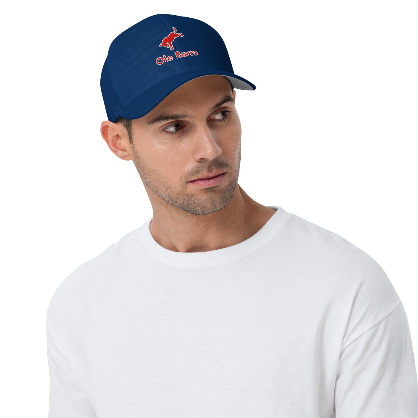 Man wearing a blue cap with a logo on a white background