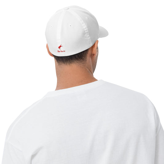 Person wearing a white cap and t-shirt with a brand logo on a white background