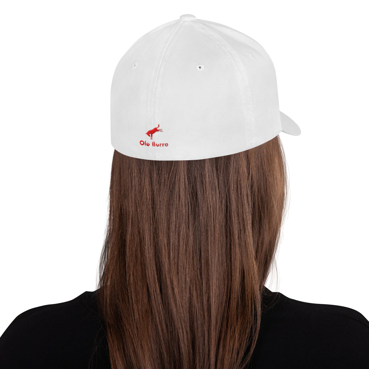 Person wearing a white cap with a red logo on a white background