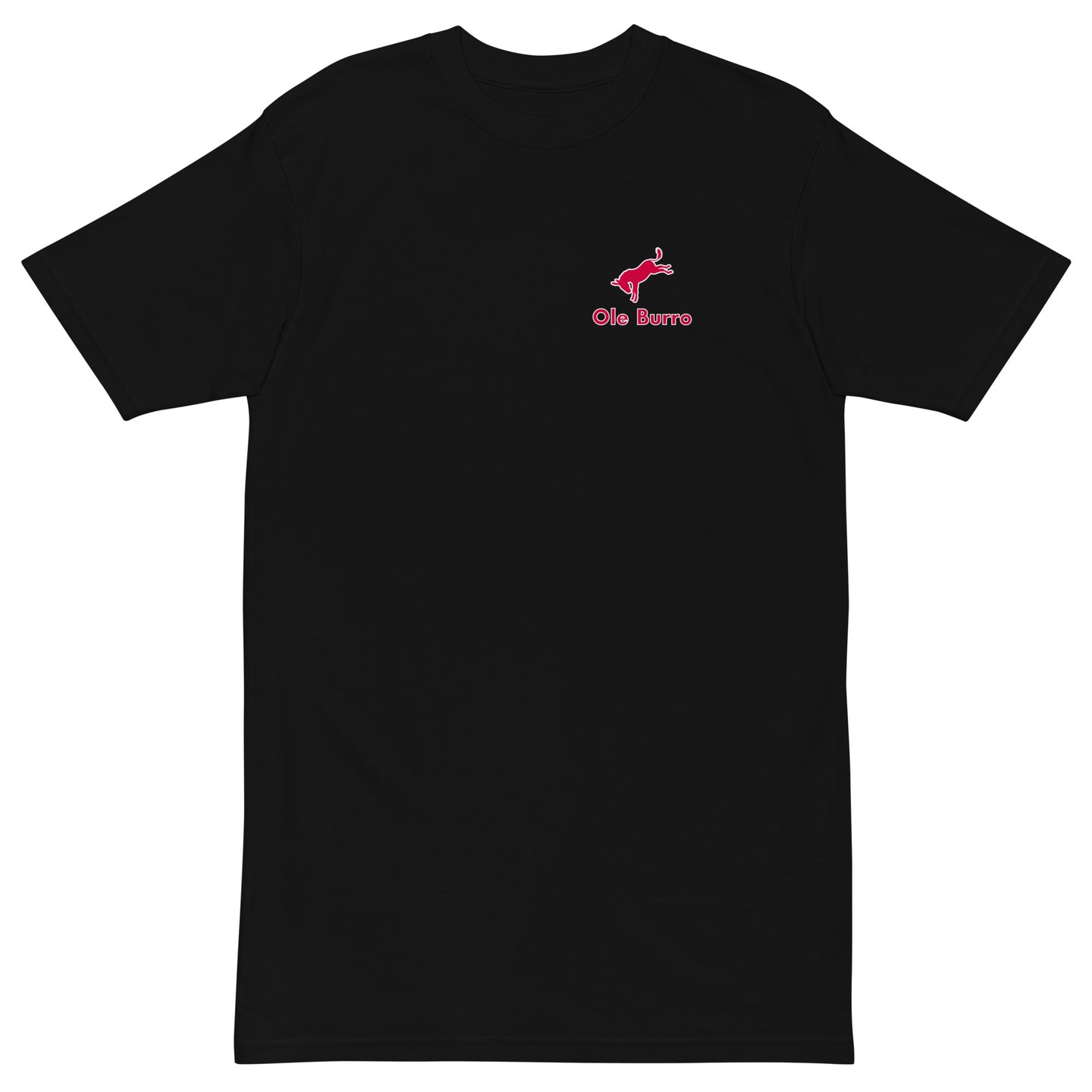 Black t-shirt with a small pink logo on the chest against a white background
