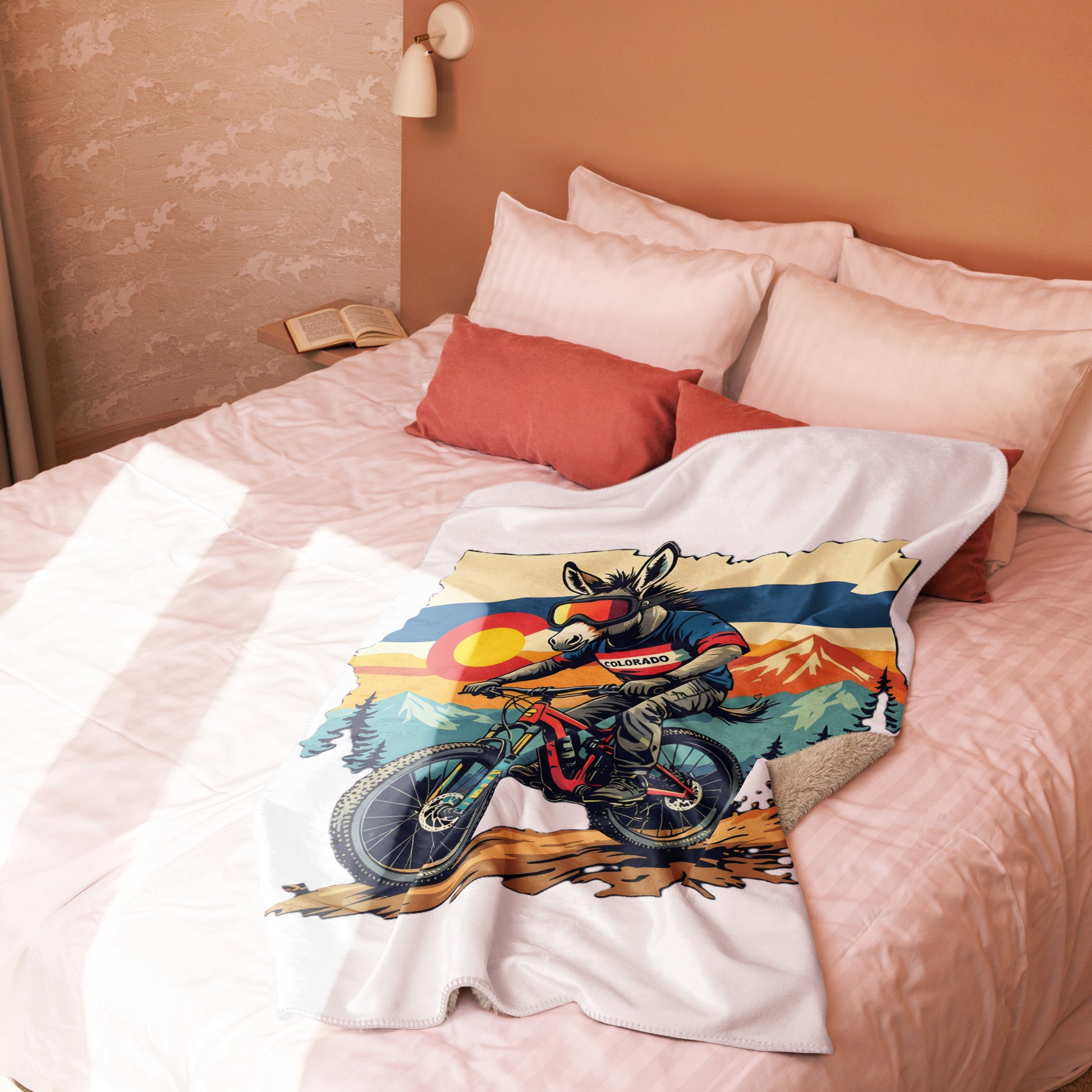 Colorful blanket with a donkey on a bike design on a bed.