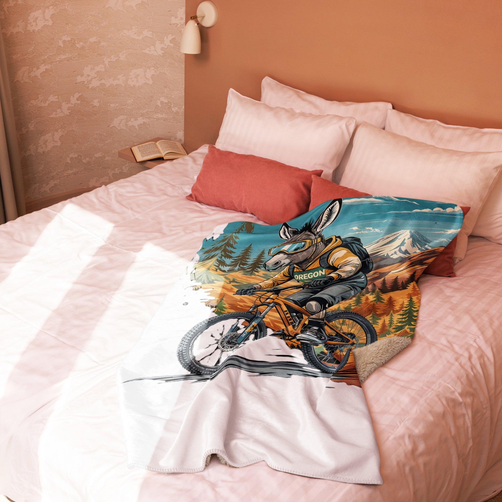 Decorative pillow with a mountain and bike design on a bed with pink bedding.
