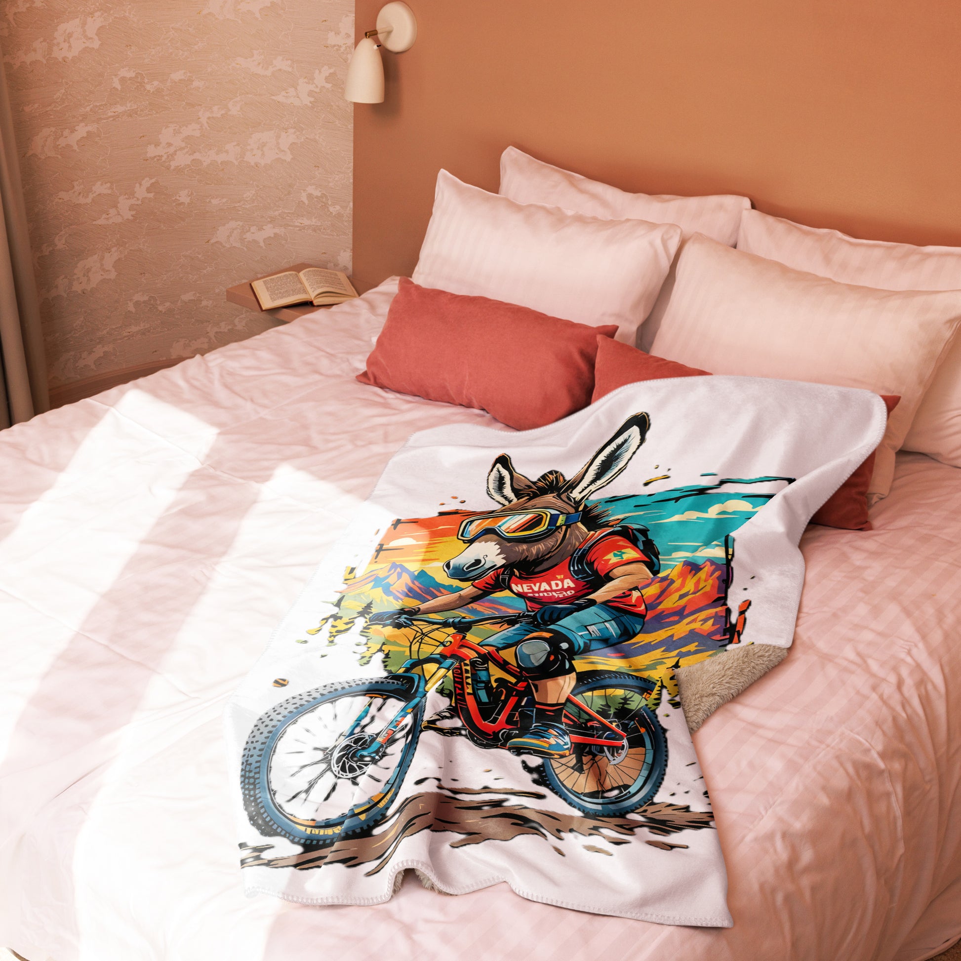 Colorful motorcycle-themed blanket on a bed with pillows