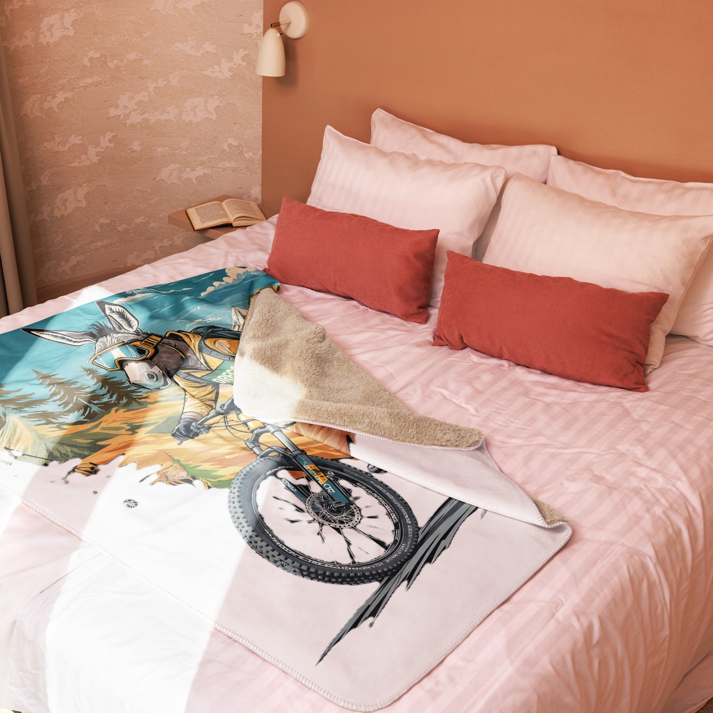 Bed with colorful blanket featuring a person on a bicycle and a book, against a beige wall.