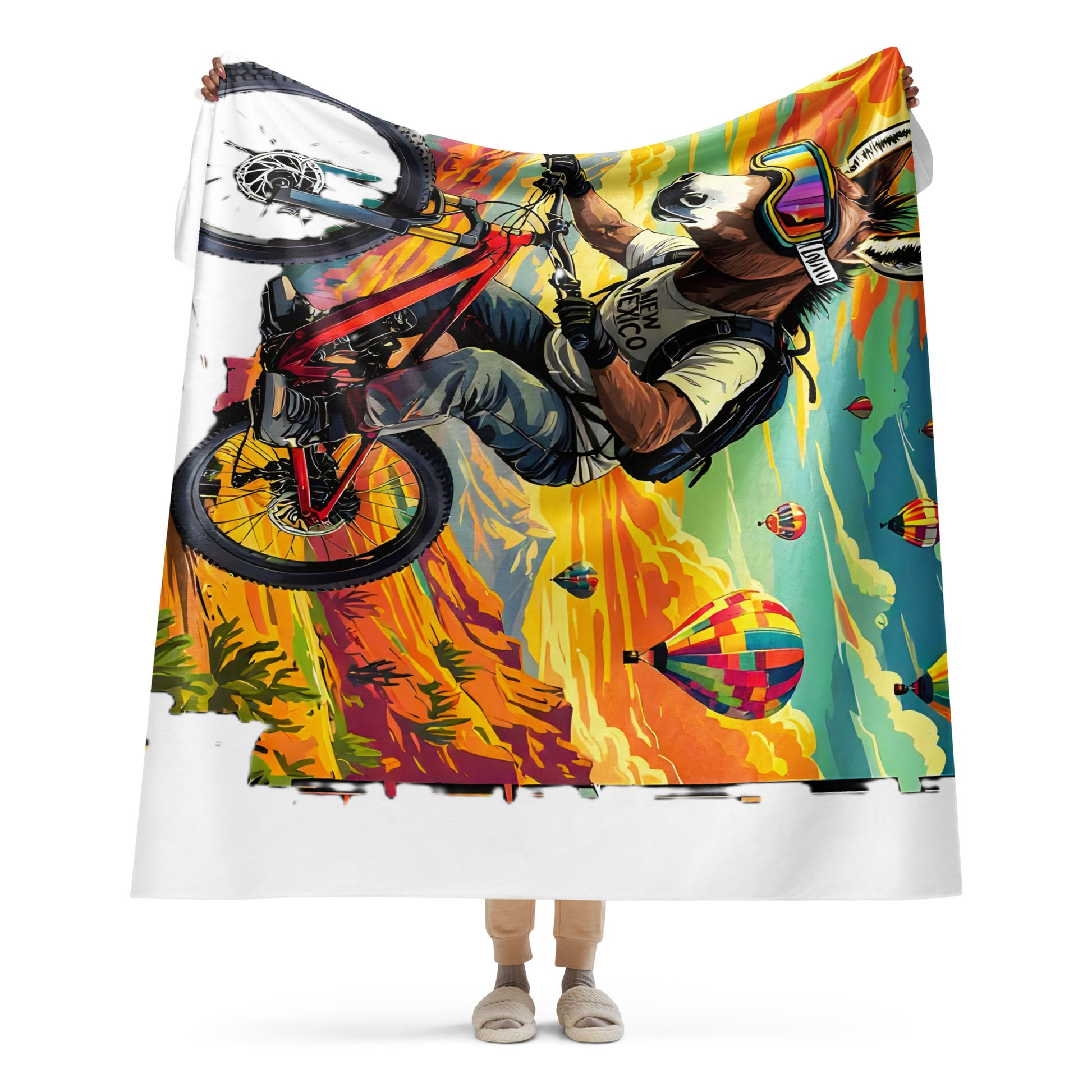 Colorful blanket with a graphic of a person on a bike and hot air balloons.