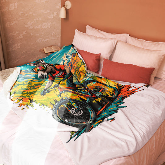 Colorful bike rider design on a bedspread in a bedroom setting
