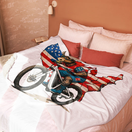 Bedding set with a graphic of a person on a bike and American flag design.