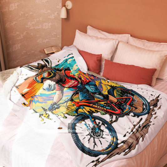 Bedding set with a mountain biker design on a bed with red and white pillows.