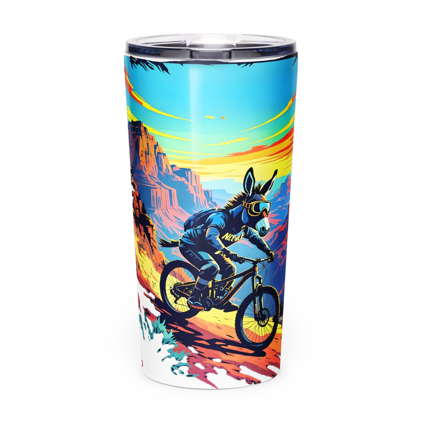 Tumbler with a mountain biker design on a colorful background