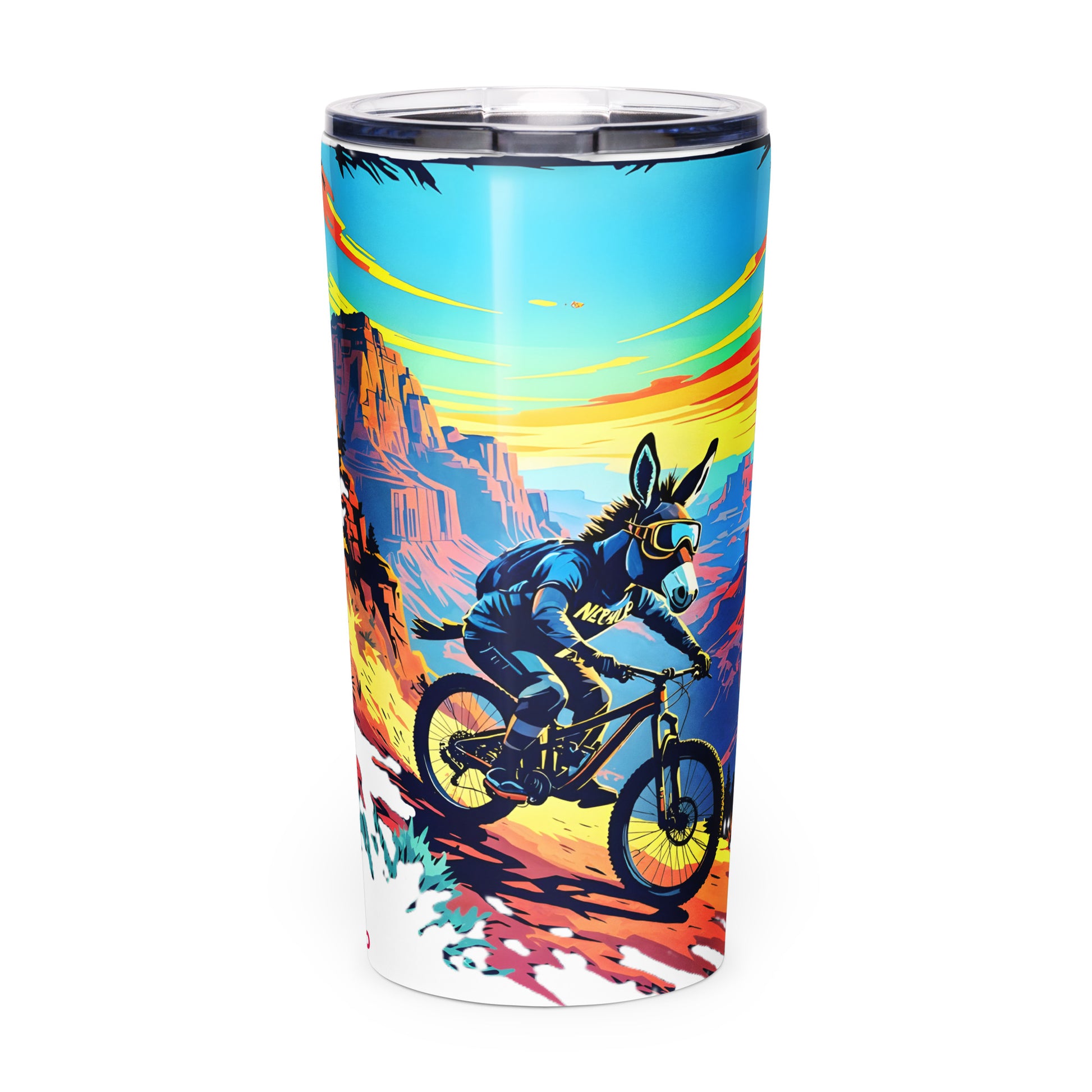 Tumbler with a mountain biker design on a colorful background