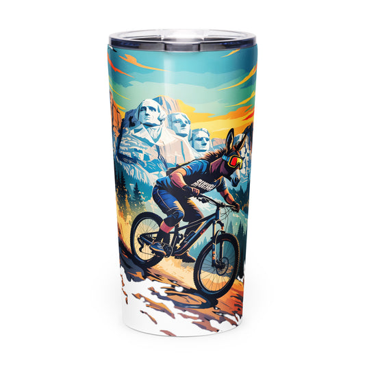 Tumbler with a mountain bike design featuring Mount Rushmore on a white background