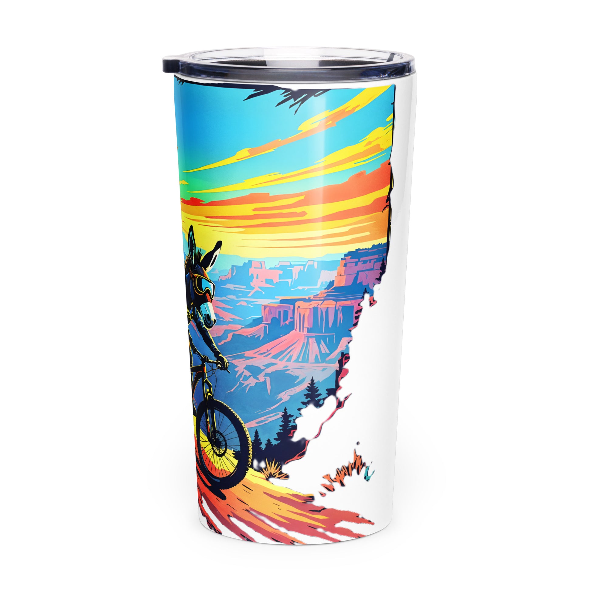 Tumbler with a colorful mountain and bike design on a white background
