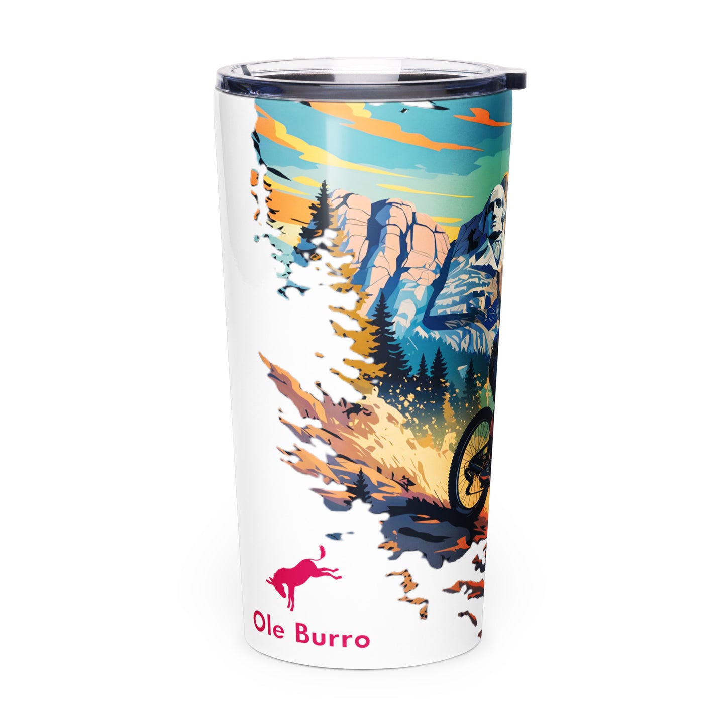 Tumbler with mountain and sunset design on a white background, featuring the brand 'Ole Burro'.