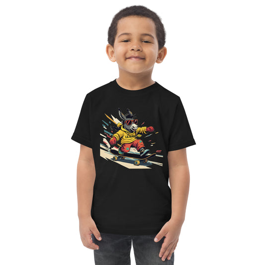 Child wearing a black t-shirt with a graphic design on a white background