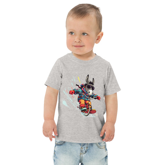 Child wearing a gray t-shirt with a cartoon character on a white background