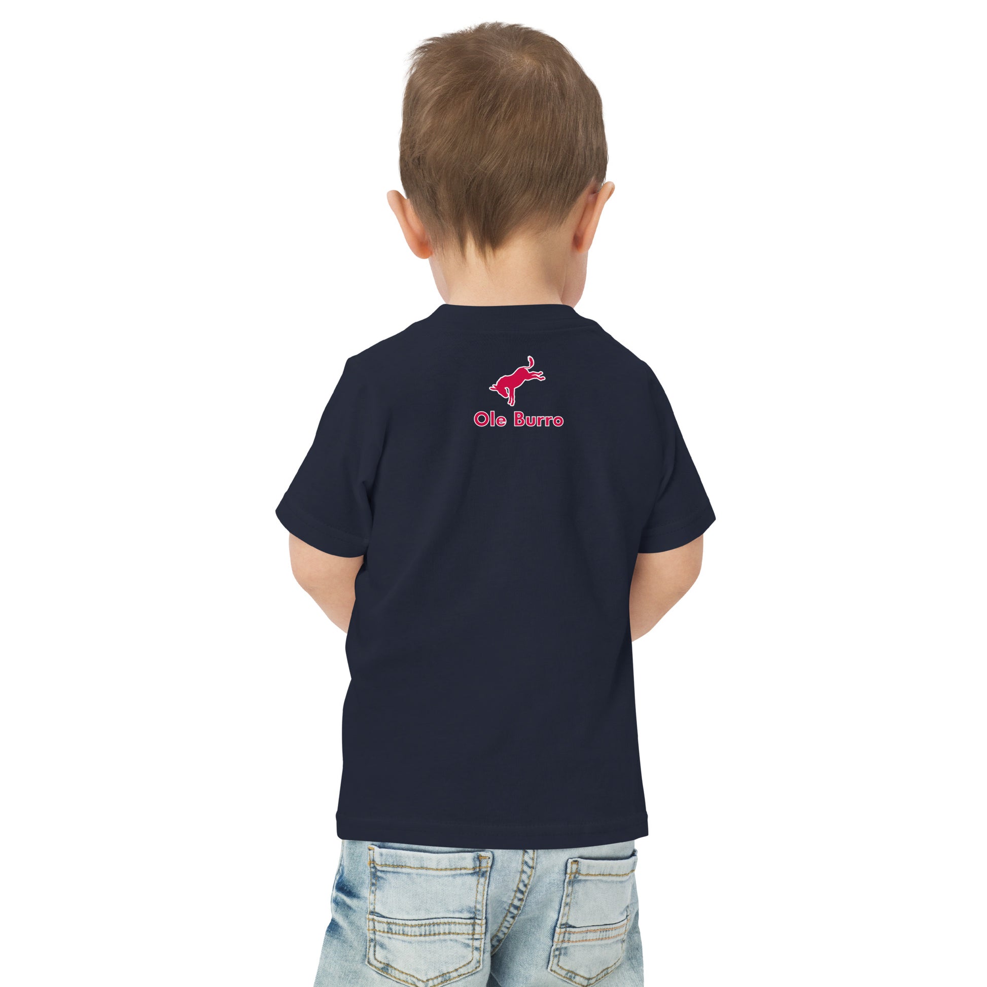 Child wearing a navy blue t-shirt with a logo on the back against a white background