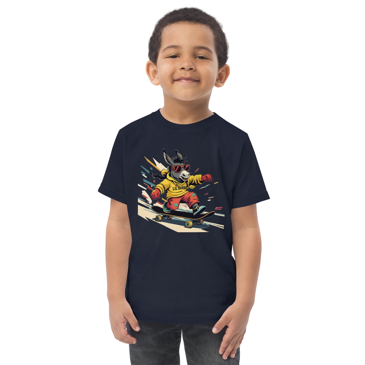Child wearing a black t-shirt with a graphic of a raccoon on a skateboard