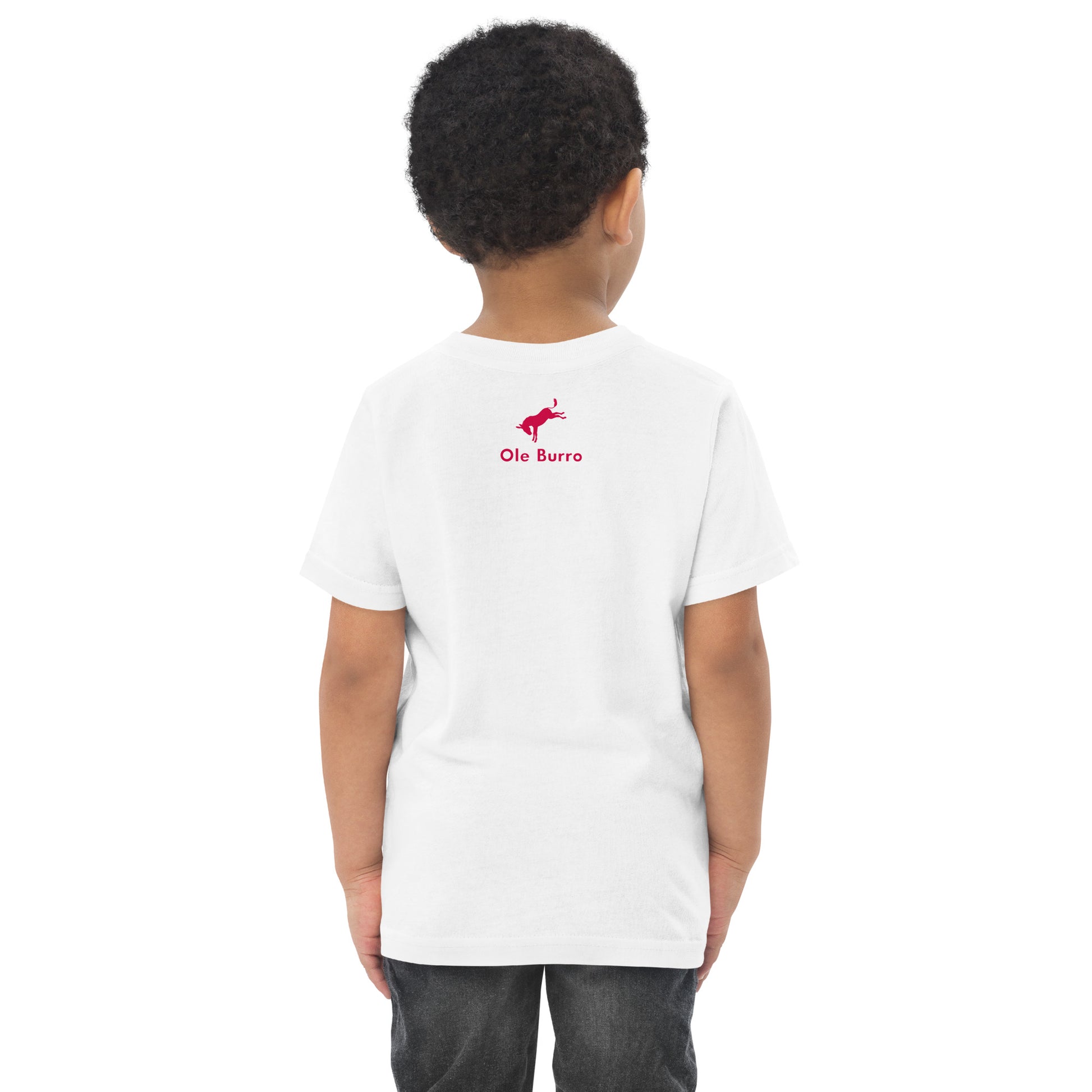 Person wearing a white t-shirt with a red logo on the back, standing against a white background