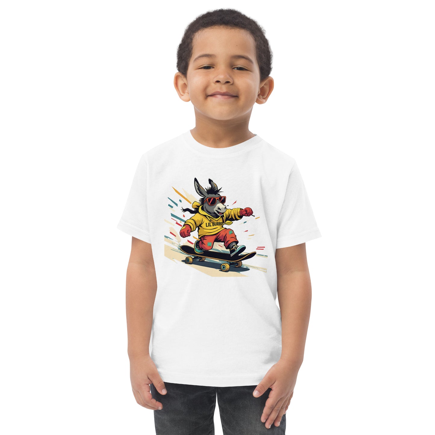 Child wearing a white t-shirt with a graphic of a dog on a skateboard
