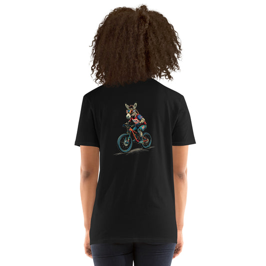 Person wearing a black t-shirt with a graphic of a dog riding a bike on the back.