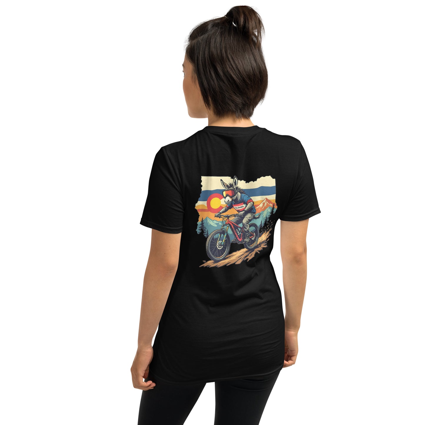 Person wearing a black t-shirt with a motorcycle graphic on the back