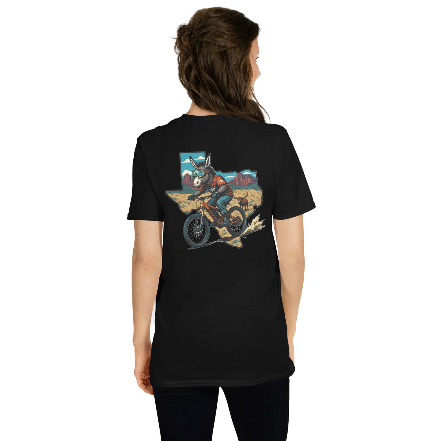 Black t-shirt with a graphic design on the back, worn by a person.