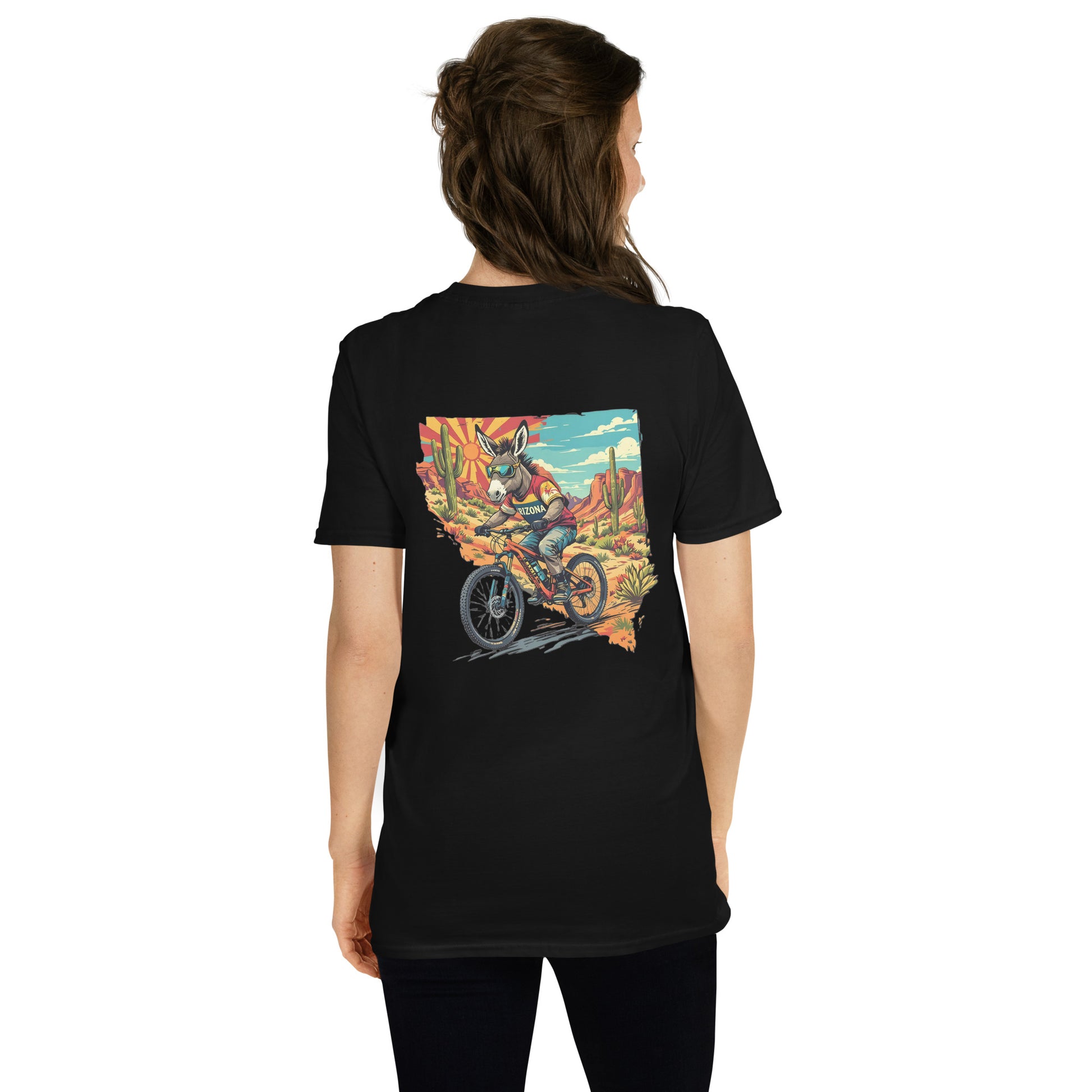 Person wearing a black t-shirt with a colorful graphic on the back