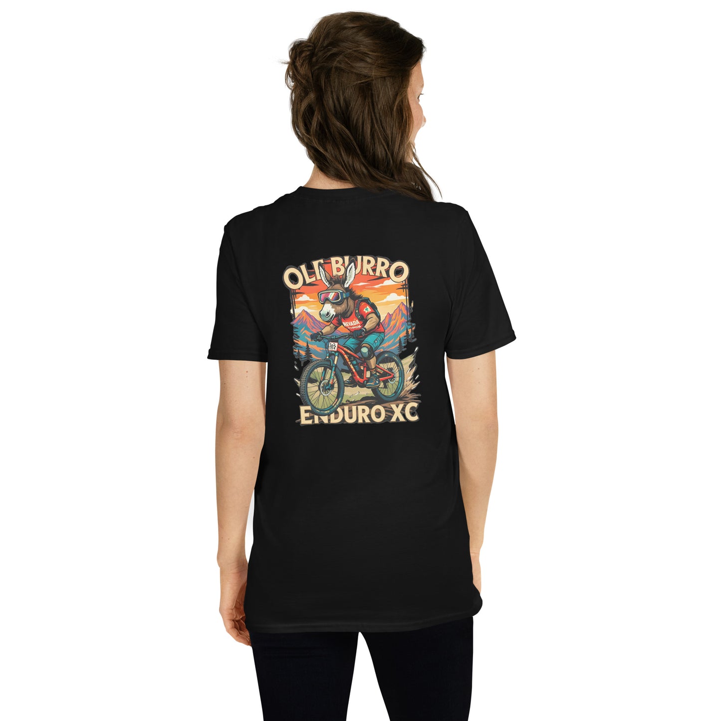 Person wearing a black t-shirt with a graphic design on the back, featuring text and an illustration.