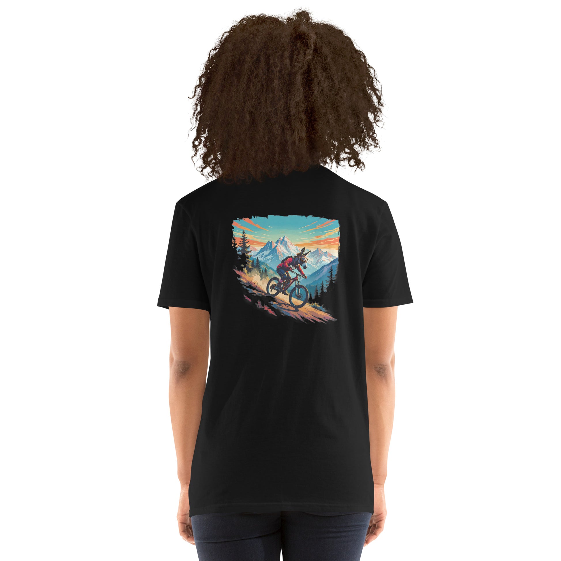 Person wearing a black t-shirt with a mountain bike graphic on the back