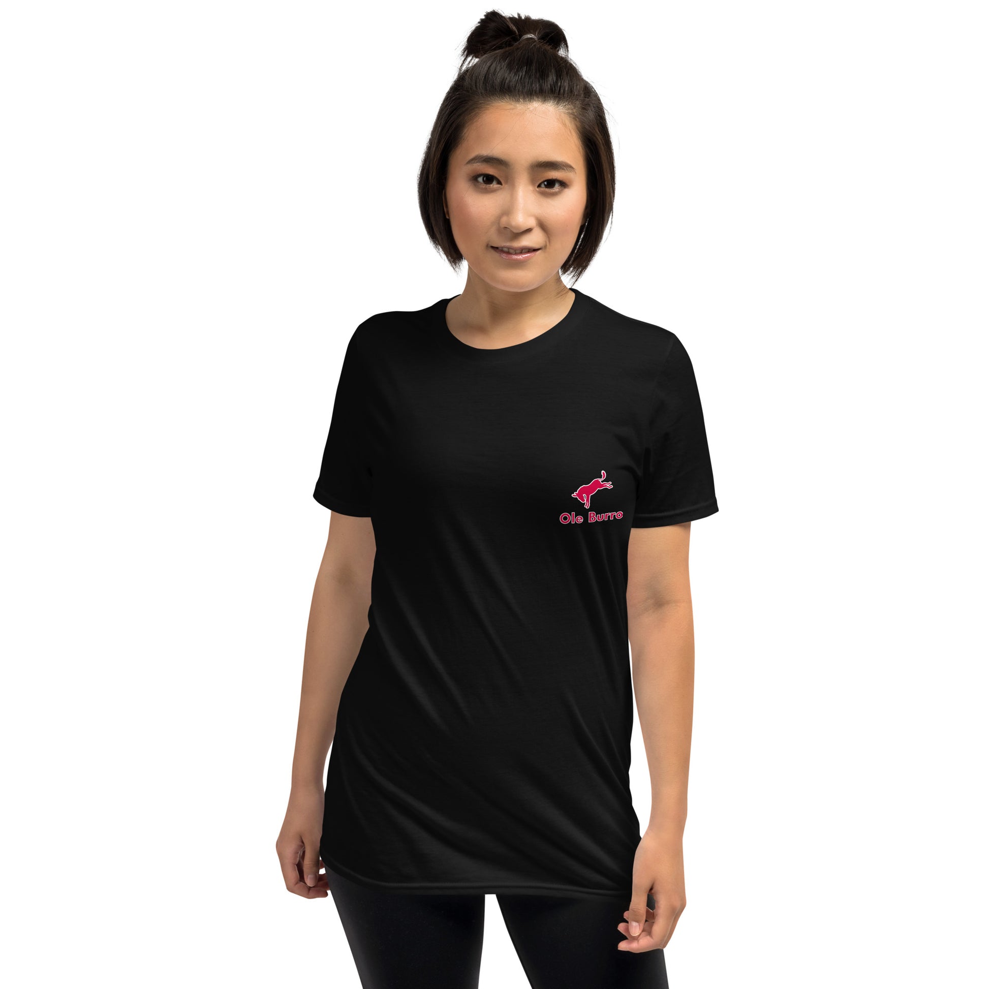 Person wearing a black t-shirt with a logo on a white background