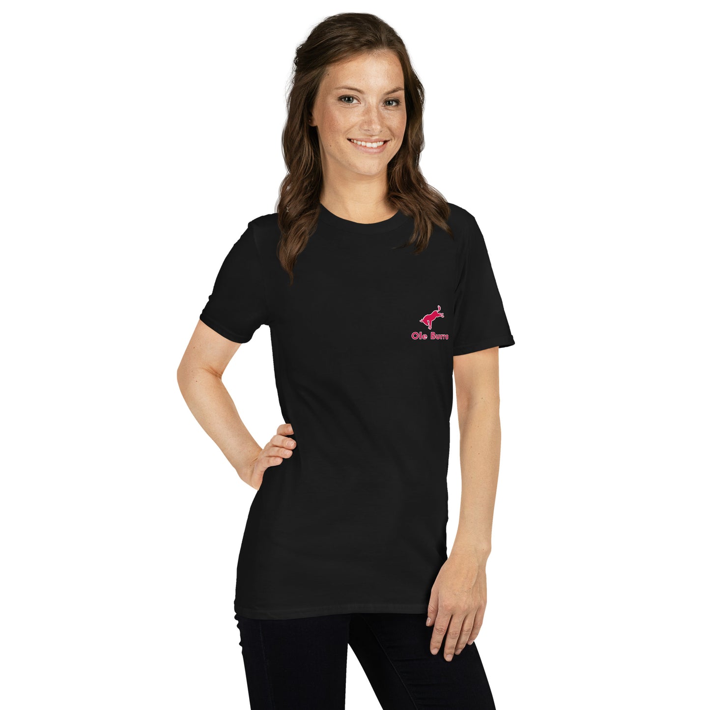 Woman wearing a black t-shirt with a small logo on a white background