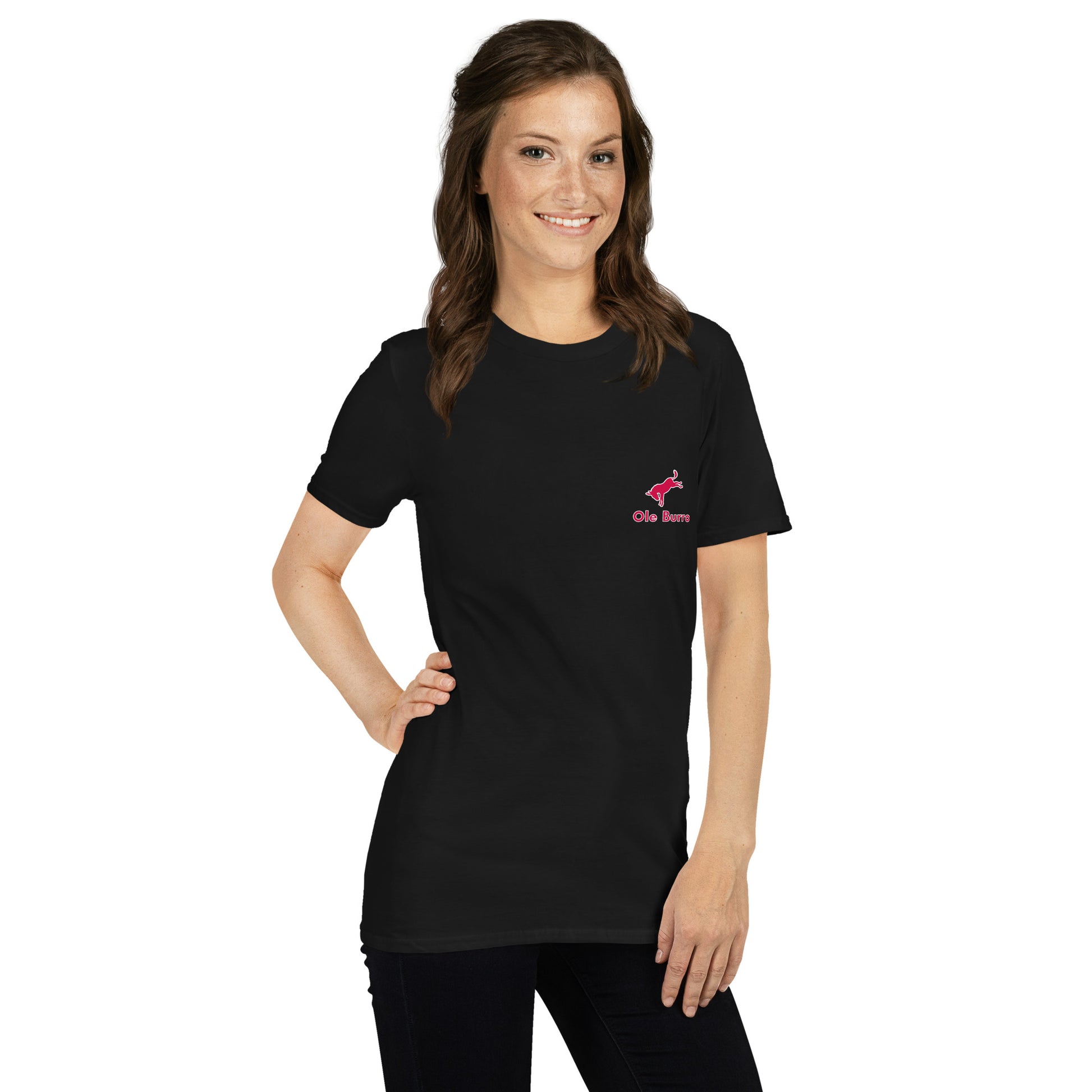 Woman wearing a black t-shirt with a small logo on a white background