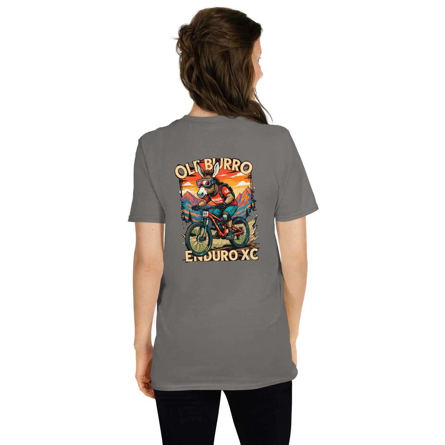 Person wearing a gray t-shirt with a graphic design on the back, standing against a white background.