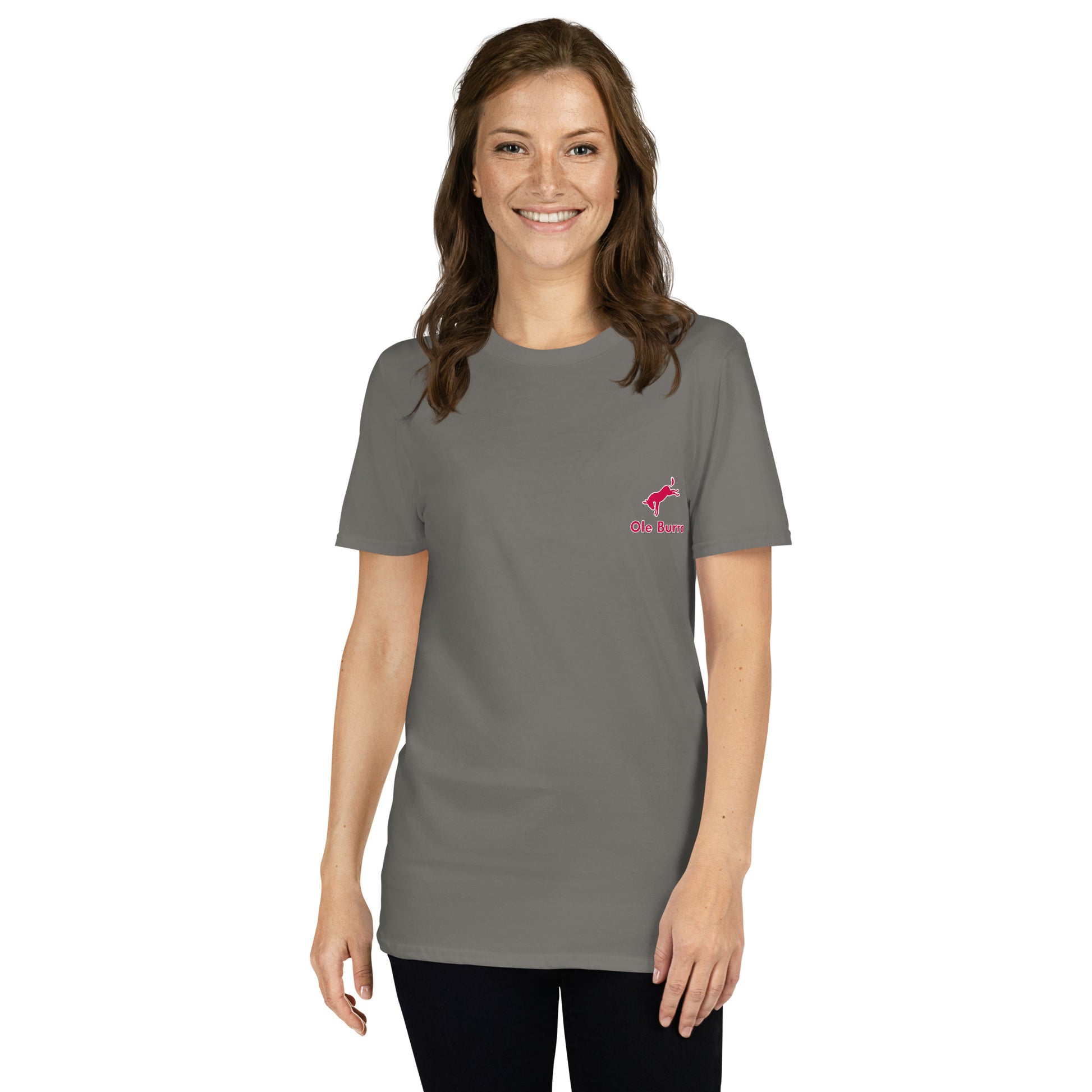 Woman wearing a gray t-shirt with a logo on a white background