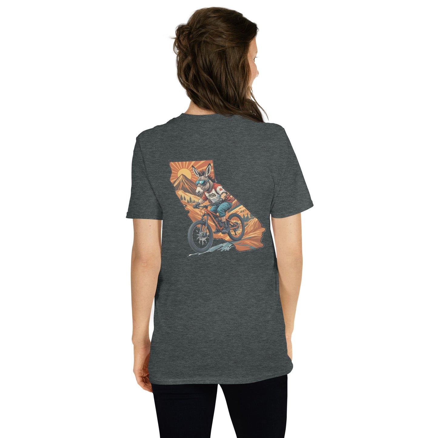 Person wearing a dark gray t-shirt with a colorful graphic on the back, standing against a white background.