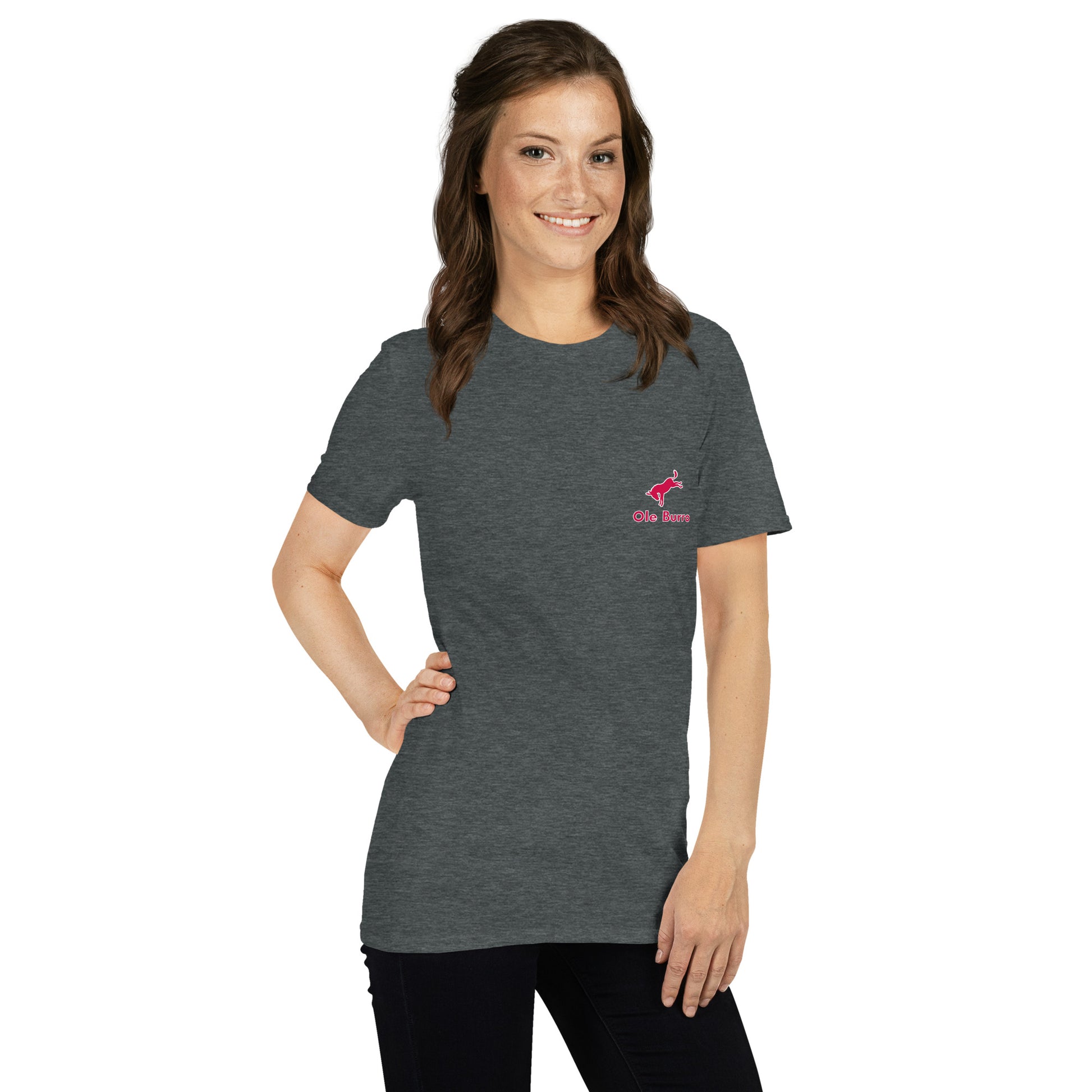 Woman wearing a gray t-shirt with a logo on a white background