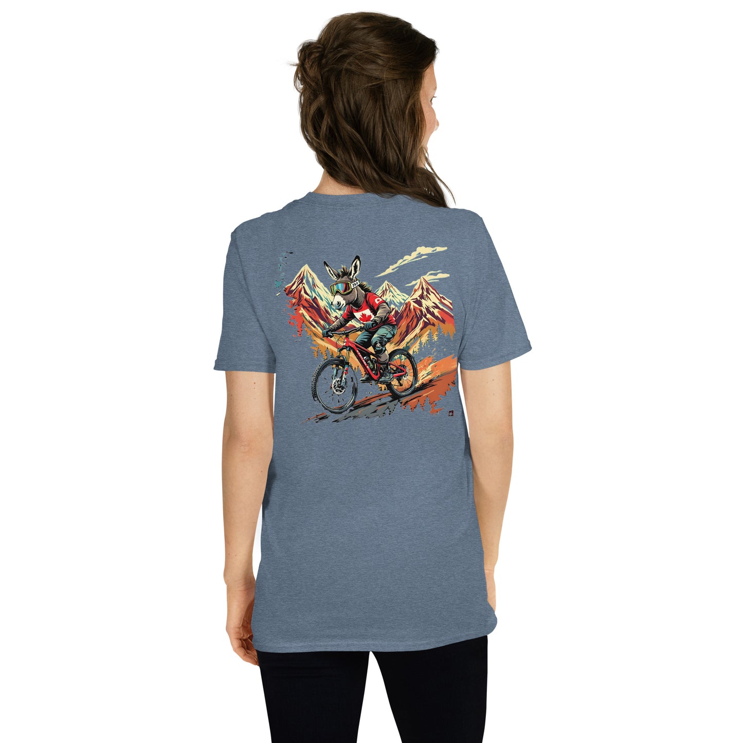 Person wearing a blue t-shirt with a graphic design on the back