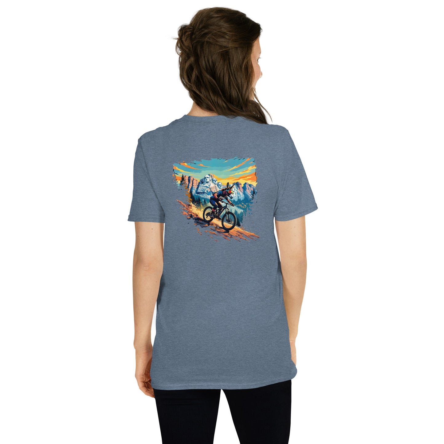 Person wearing a blue t-shirt with a mountain bike graphic on the back